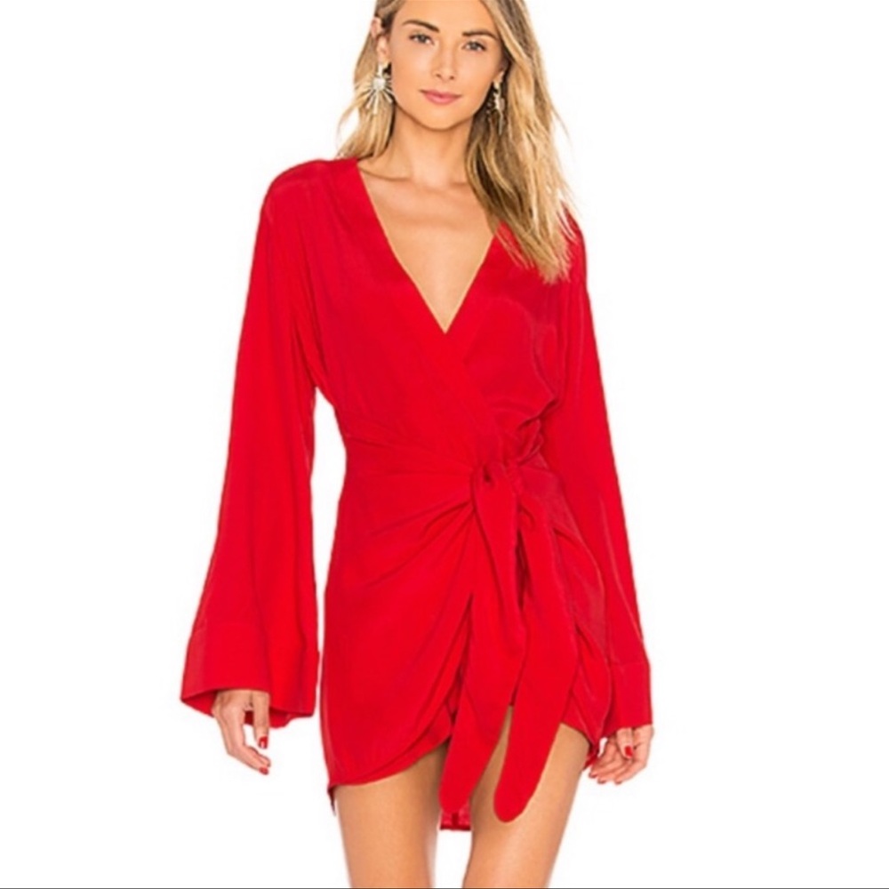 L’Academie REVOLVE The Janiero Mini Dress Wrap Skirt Bell Sleeves Red Size Small